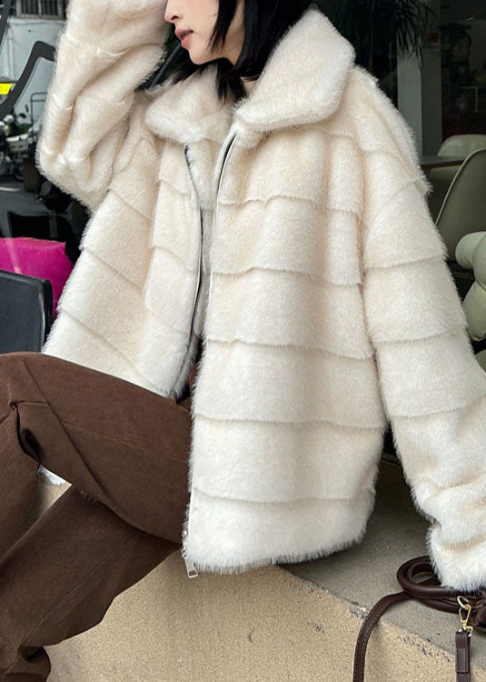 French White Peter Pan Collar Faux Mink Hair Jacket Winter
