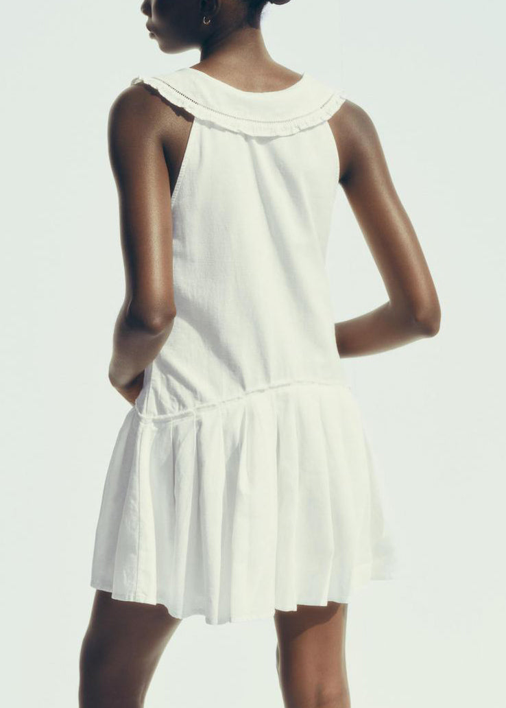 French White Peter Pan Collar Hollow Out Cotton Mid Dress Sleeveless