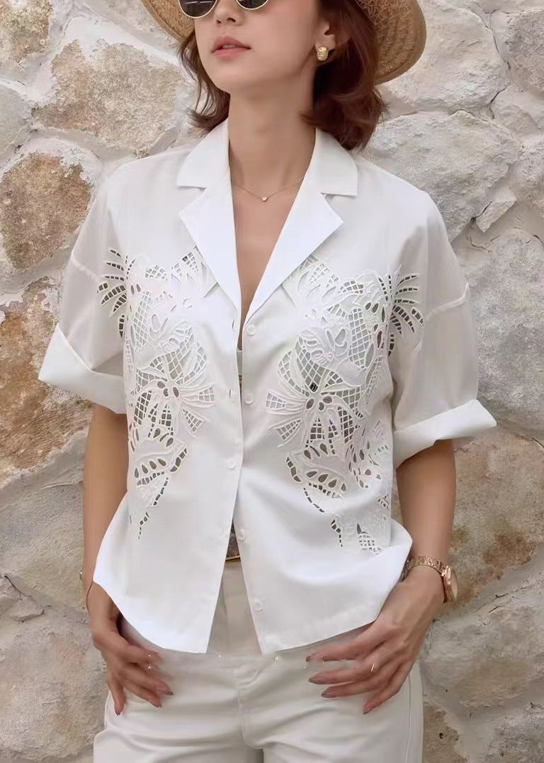 French White Peter Pan Collar Hollow Out Cotton Top Summer