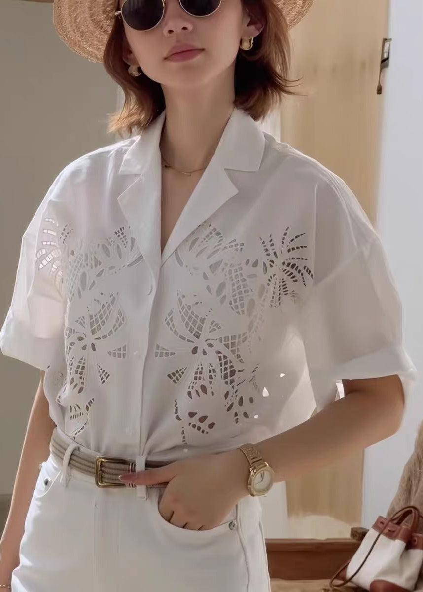French White Peter Pan Collar Hollow Out Cotton Top Summer