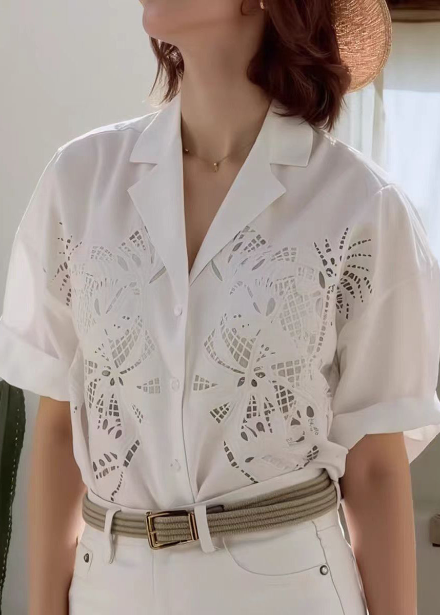 French White Peter Pan Collar Hollow Out Cotton Top Summer
