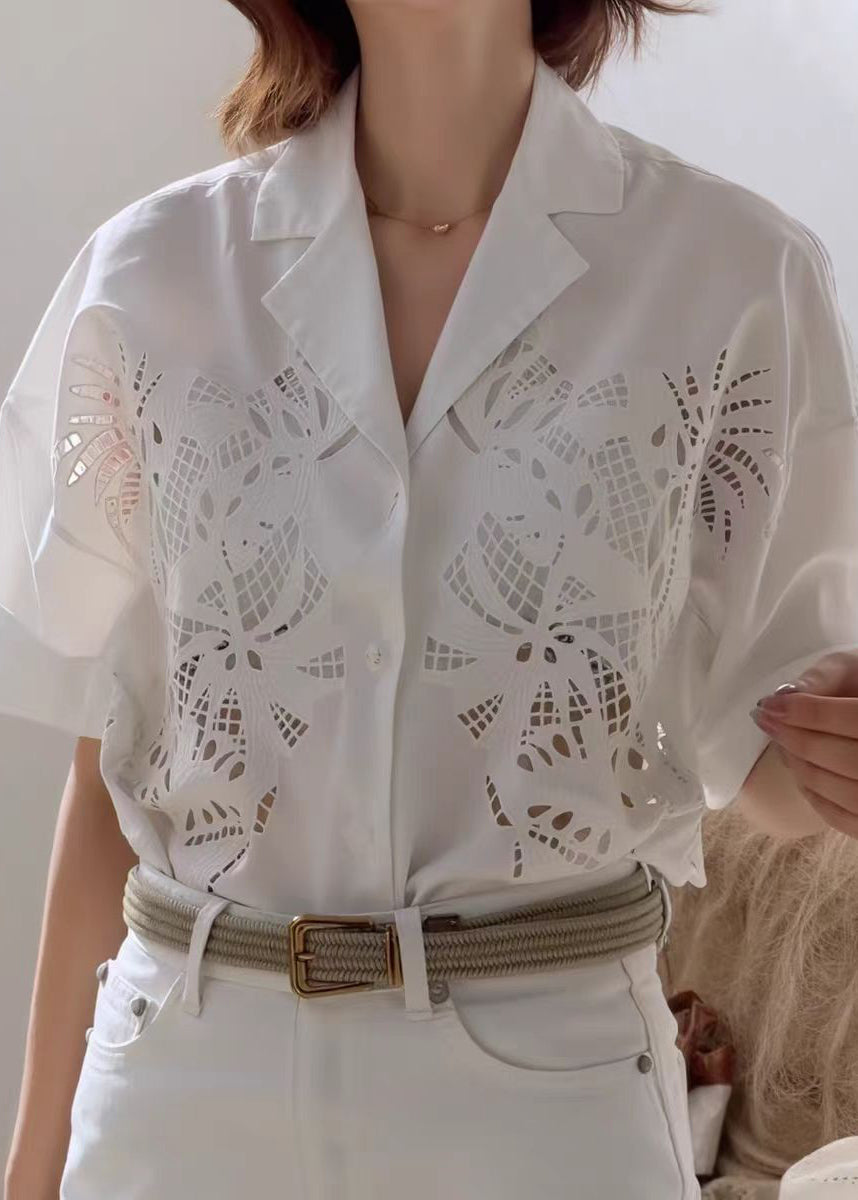 French White Peter Pan Collar Hollow Out Cotton Top Summer