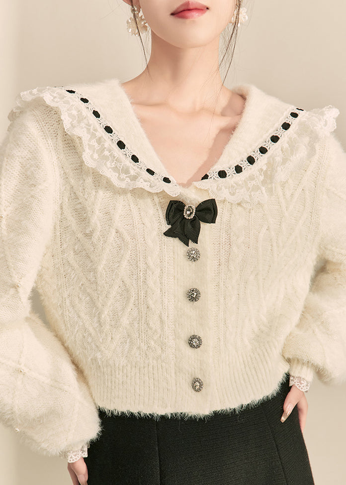 French White Peter Pan Collar Lace Patchwork Knit Sweater Winter