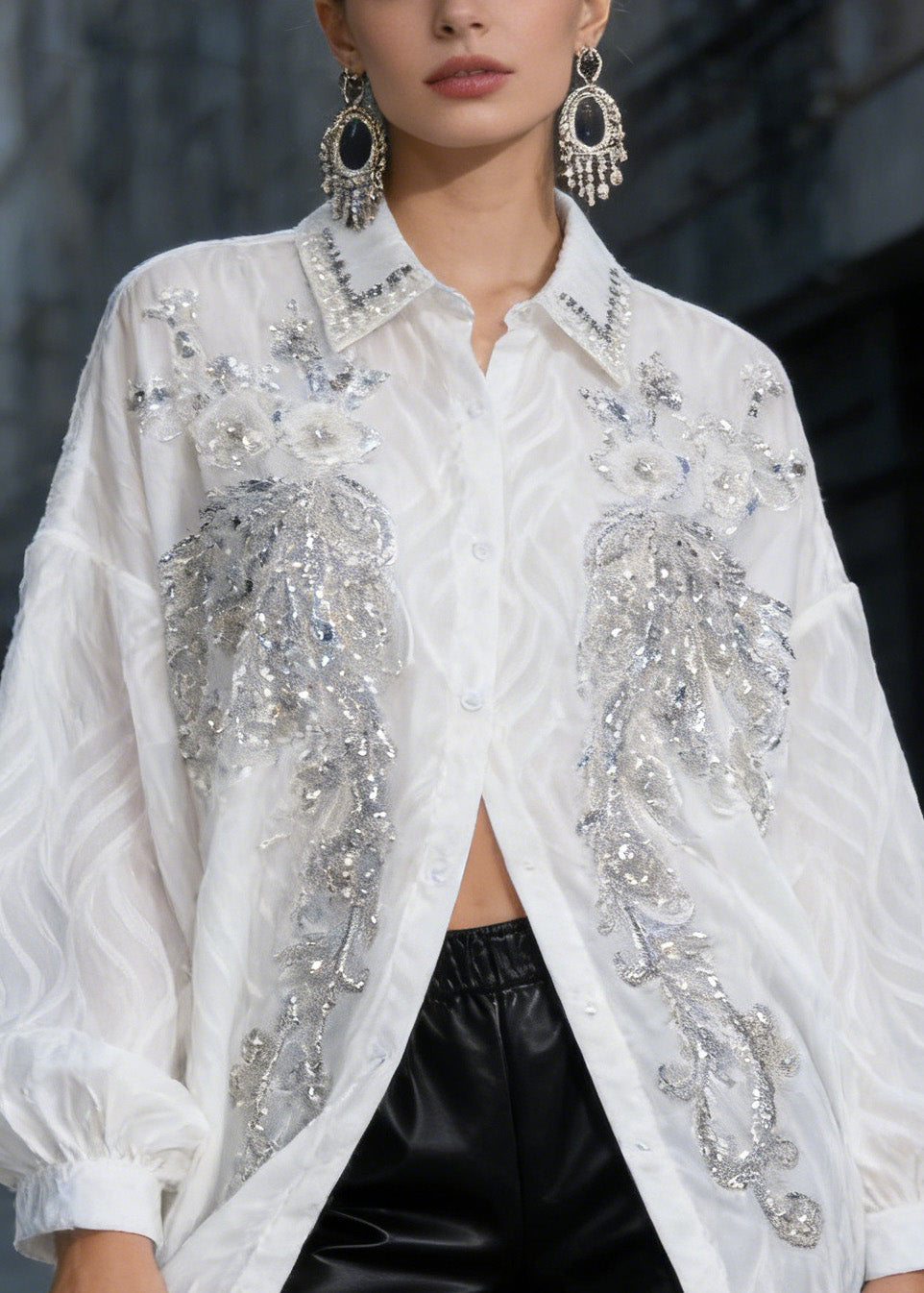 French White Peter Pan Collar Nail Bead Sequins Shirts Tops Spring - Omychic