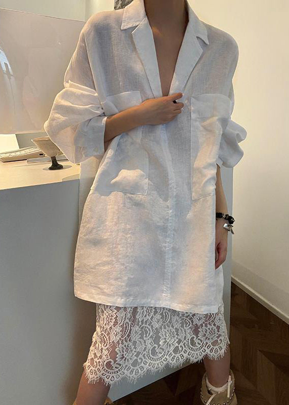 French White Peter Pan Collar Pockets Solid Linen Blouses Fall