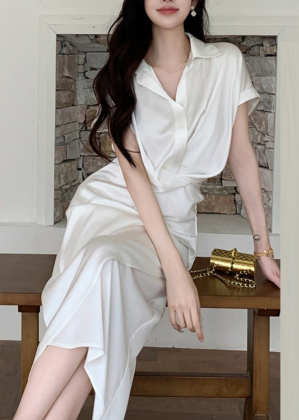 French White Peter Pan Collar Side Open Silk Long Dresses Summer
