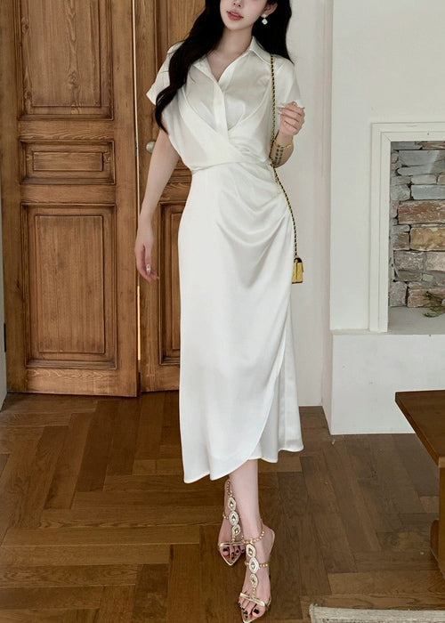 French White Peter Pan Collar Side Open Silk Long Dresses Summer