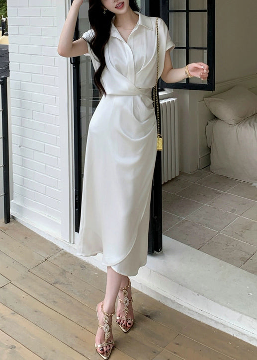 French White Peter Pan Collar Side Open Silk Long Dresses Summer