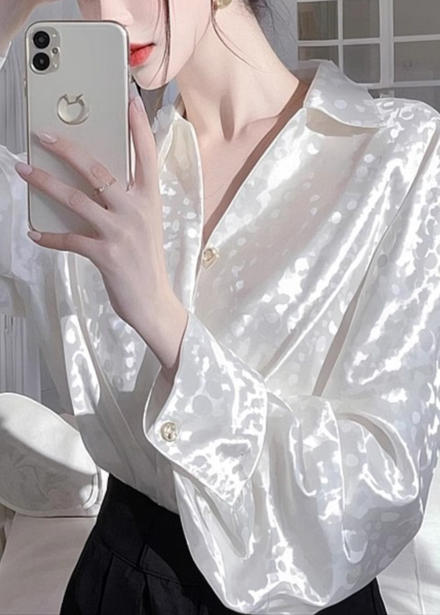 French White Peter Pan Collar Versatile Silk Shirts Spring