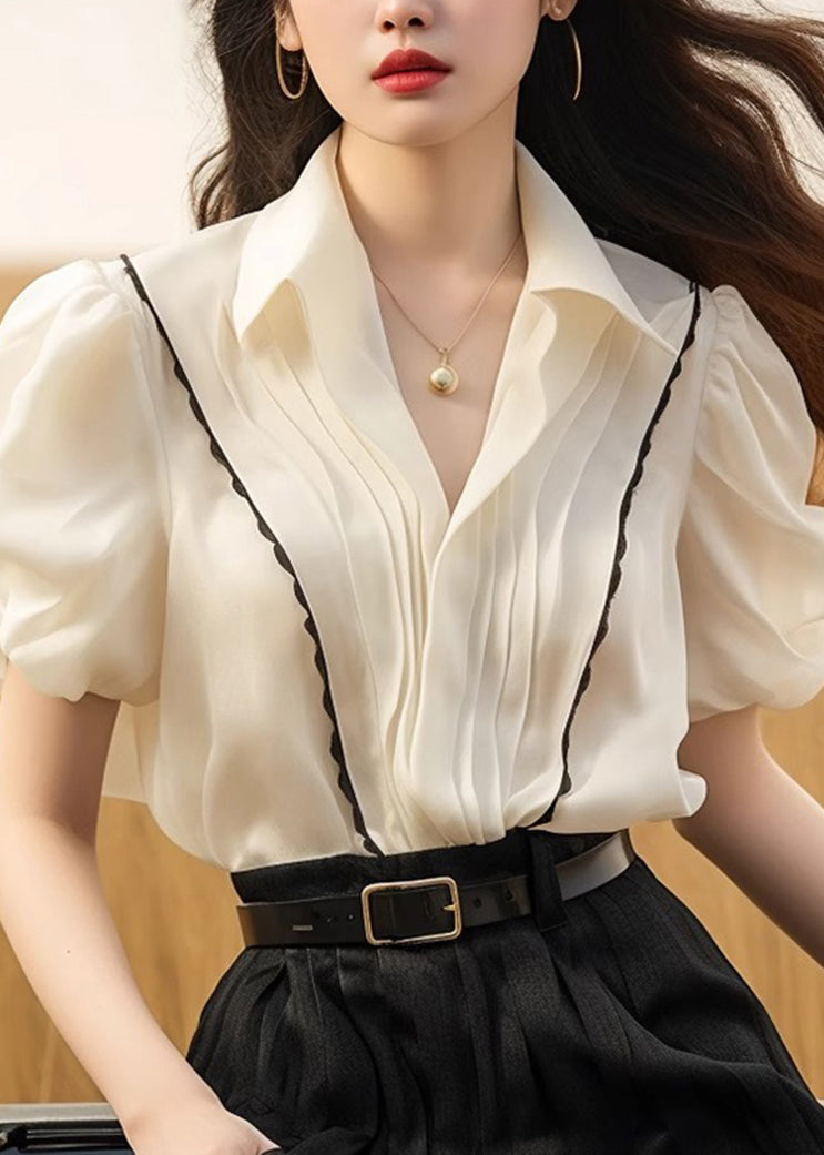 French White Peter Pan Collar Wrinkled Patchwork Silk Tops Summer