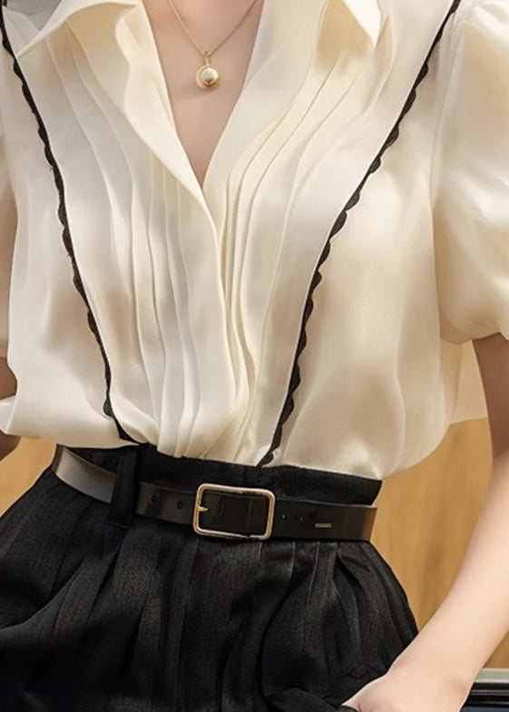 French White Peter Pan Collar Wrinkled Patchwork Silk Tops Summer