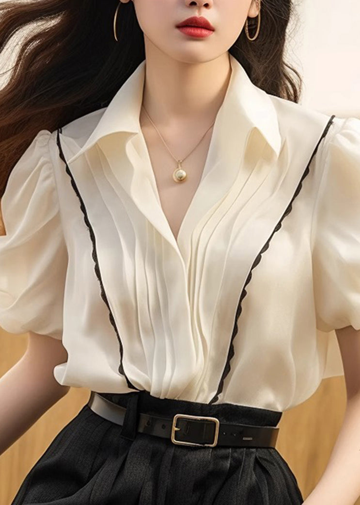 French White Peter Pan Collar Wrinkled Patchwork Silk Tops Summer