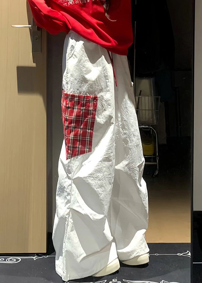 French White Plaid Pockets Patchwork Cotton Pants Fall