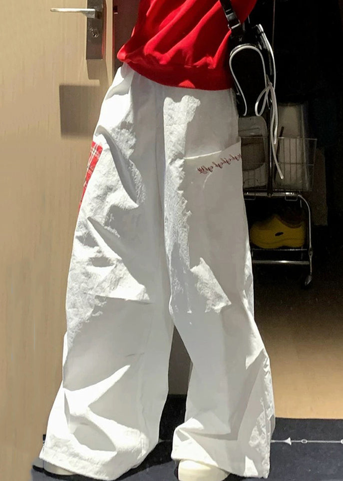 French White Plaid Pockets Patchwork Cotton Pants Fall