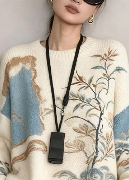 French White Plants Cozy Knit Sweater Winter