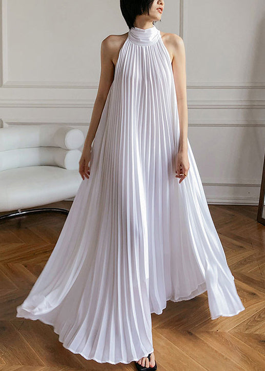 French White Pleated Hanging Neck Off Shoulder Long Dress Summer