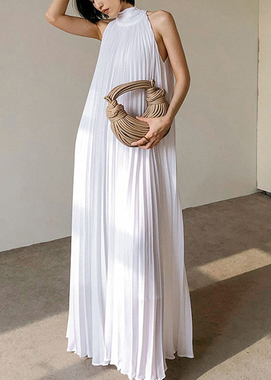 French White Pleated Hanging Neck Off Shoulder Long Dress Summer