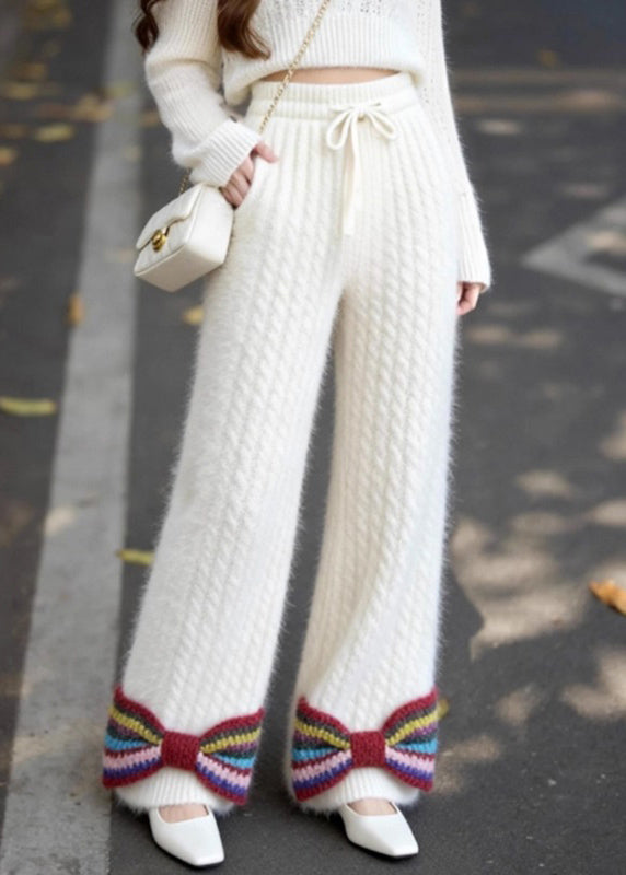 French White Pockets Bow Elastic Waist Knit Pants Fall