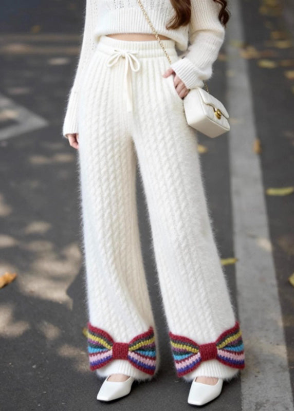 French White Pockets Bow Elastic Waist Knit Pants Fall