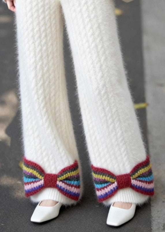 French White Pockets Bow Elastic Waist Knit Pants Fall