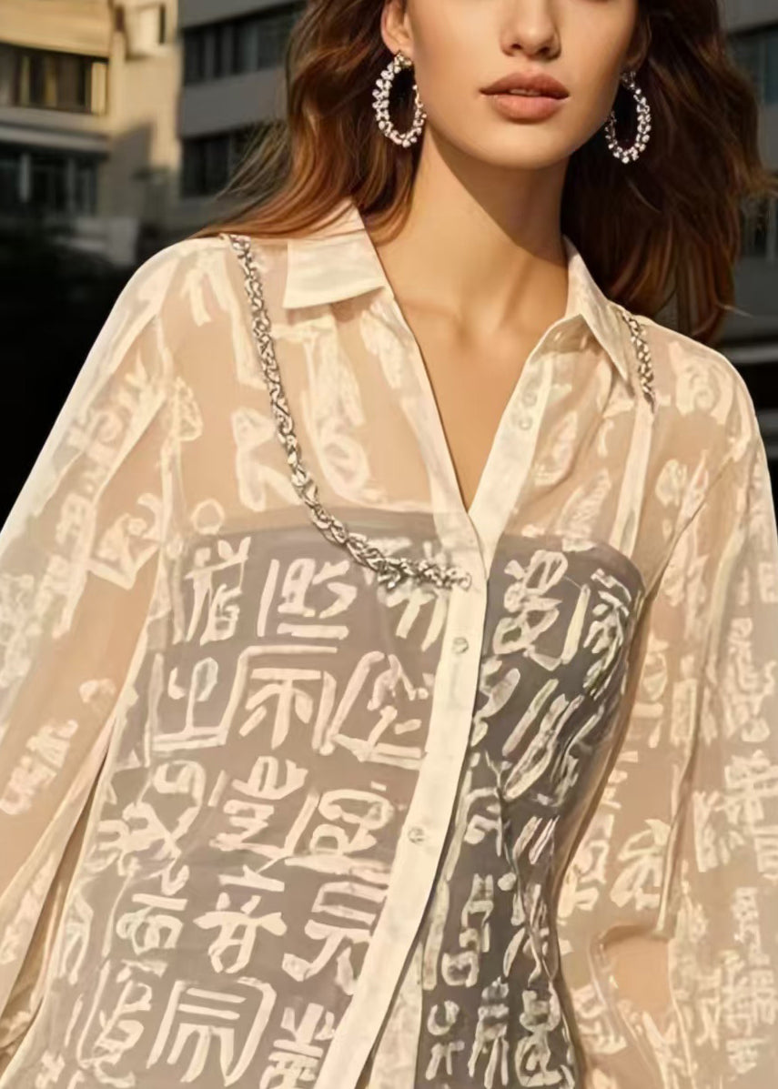 French White Print Chiffon UPF 50+ Blouses Spring