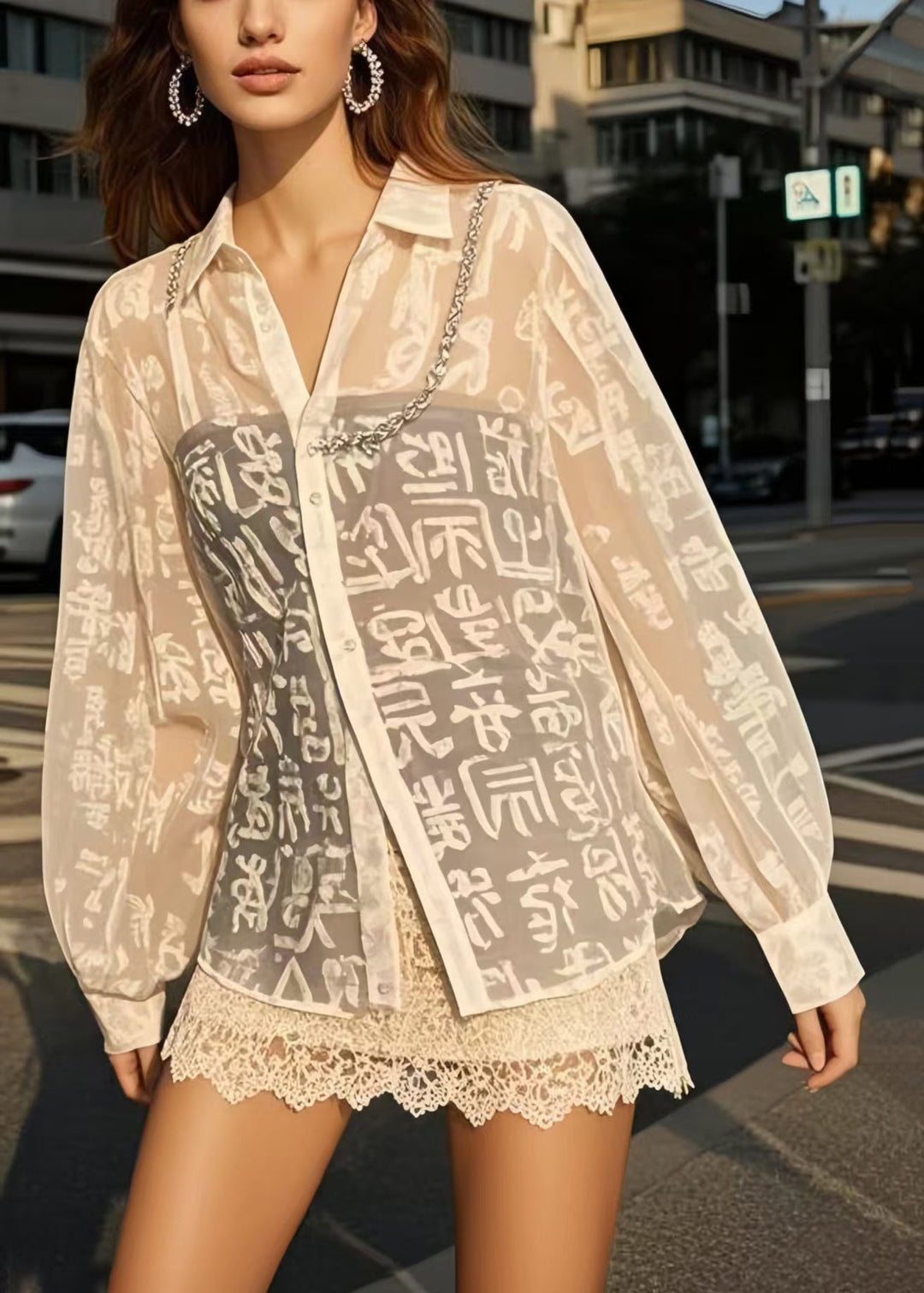 French White Print Chiffon UPF 50+ Blouses Spring