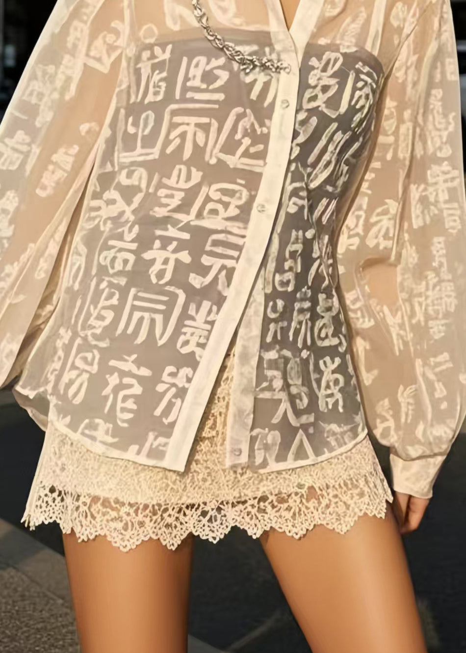 French White Print Chiffon UPF 50+ Blouses Spring