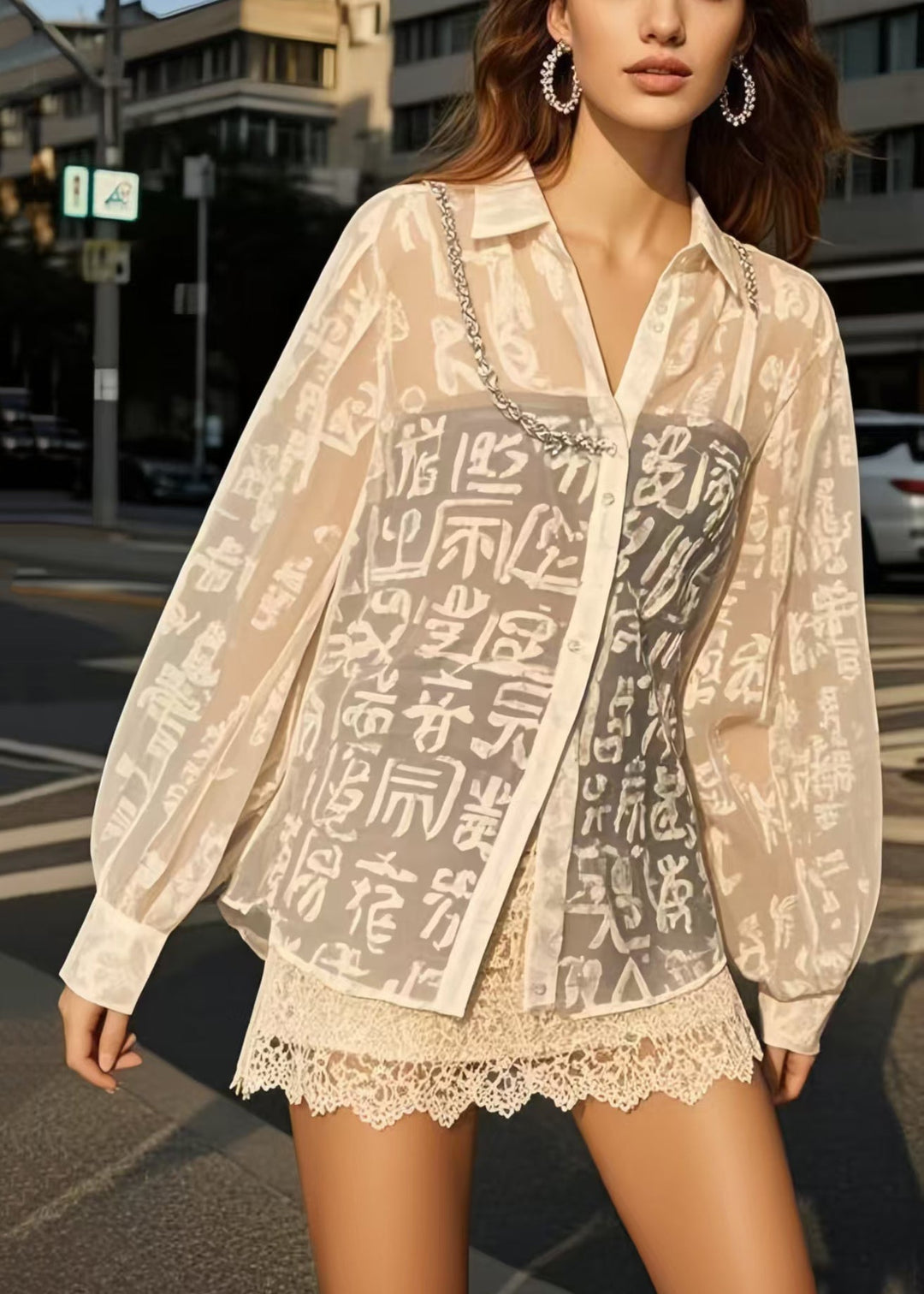 French White Print Chiffon UPF 50+ Blouses Spring