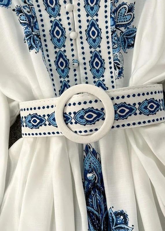 French White Print Cotton Tunic Dress Lantern Sleeve