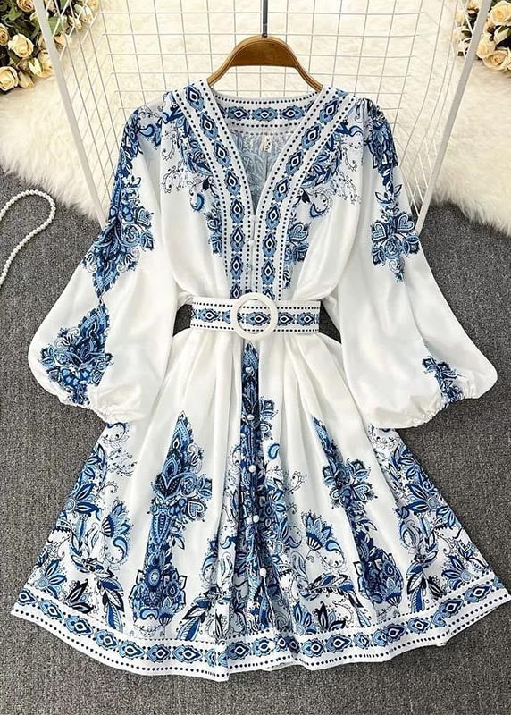French White Print Cotton Tunic Dress Lantern Sleeve
