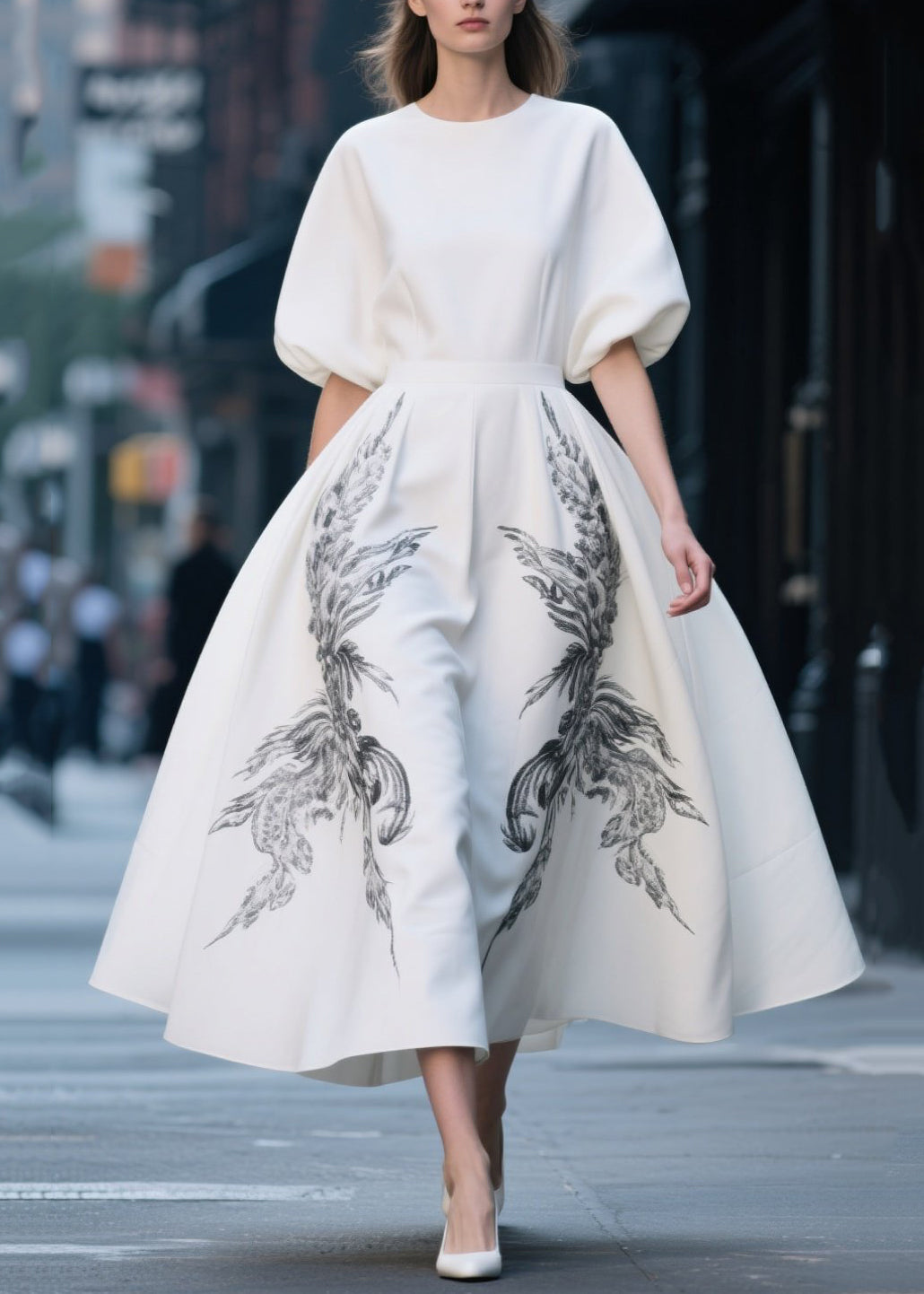 French White Print Exra Large Hem Chiffon Dresses Summer