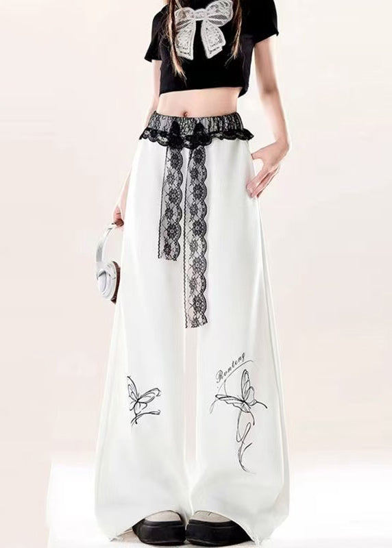 French White Print Patchwork Lace Wide Leg Pants Fall