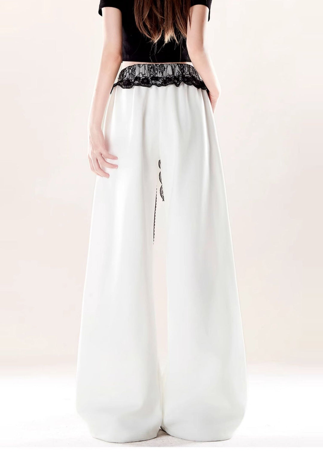 French White Print Patchwork Lace Wide Leg Pants Fall