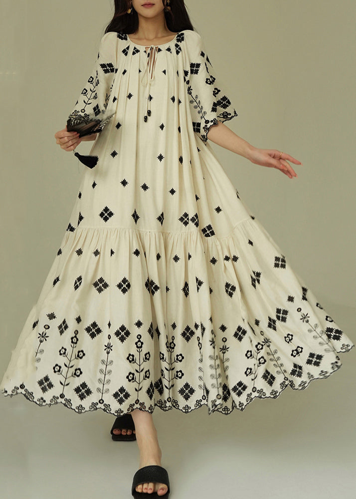 French White Print Wrinkled Cotton Long Dress Summer