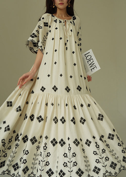 French White Print Wrinkled Cotton Long Dress Summer