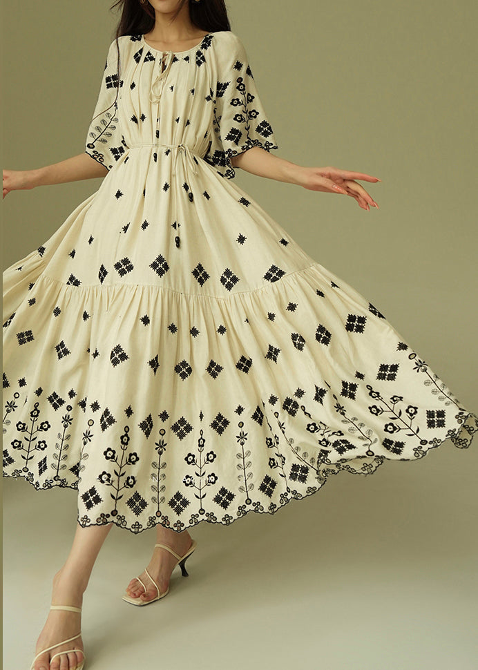 French White Print Wrinkled Cotton Long Dress Summer