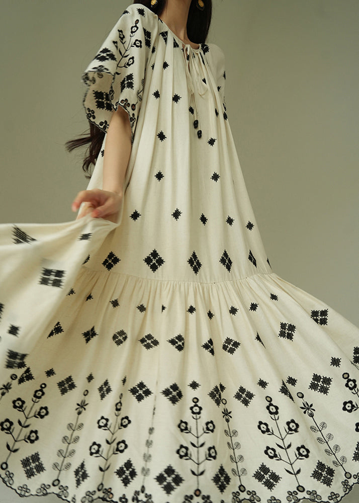French White Print Wrinkled Cotton Long Dress Summer