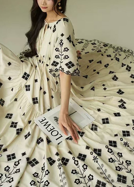 French White Print Wrinkled Cotton Long Dress Summer