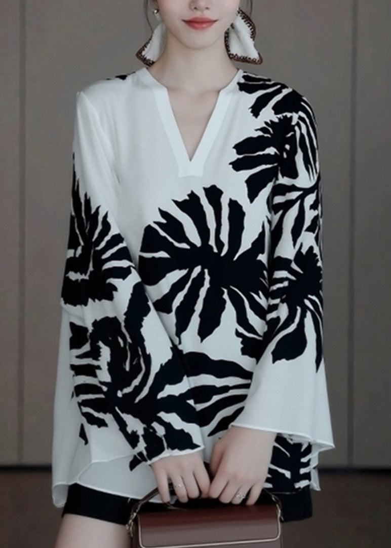 French White Print Wrinkled Shirt Batwing Sleeve