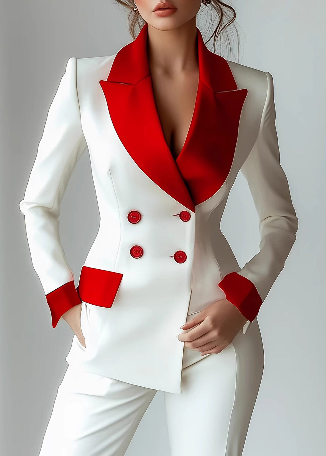 French White Red Colorblock Notched Double Breast Jacket Long Sleeve
