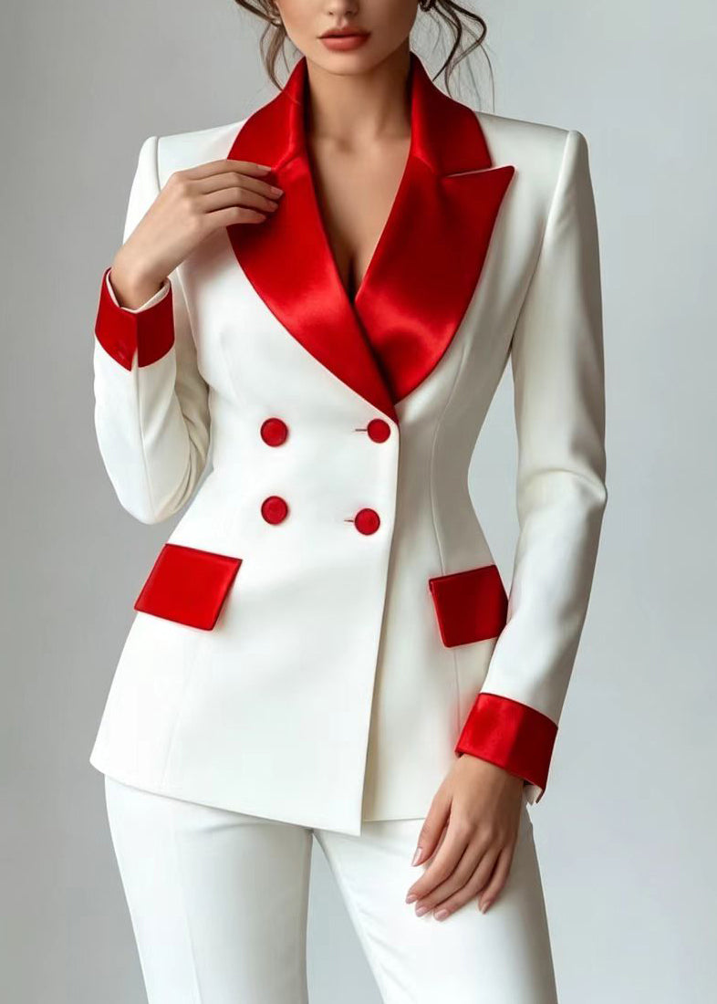 French White Red Colorblock Notched Double Breast Jacket Long Sleeve