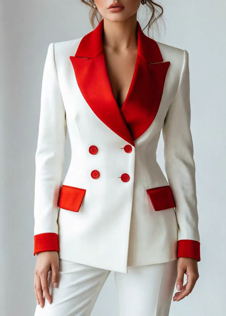 French White Red Colorblock Notched Double Breast Jacket Long Sleeve