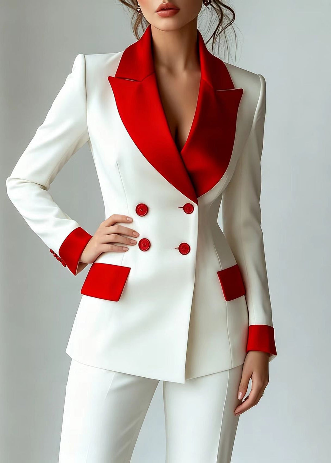 French White Red Colorblock Notched Double Breast Jacket Long Sleeve