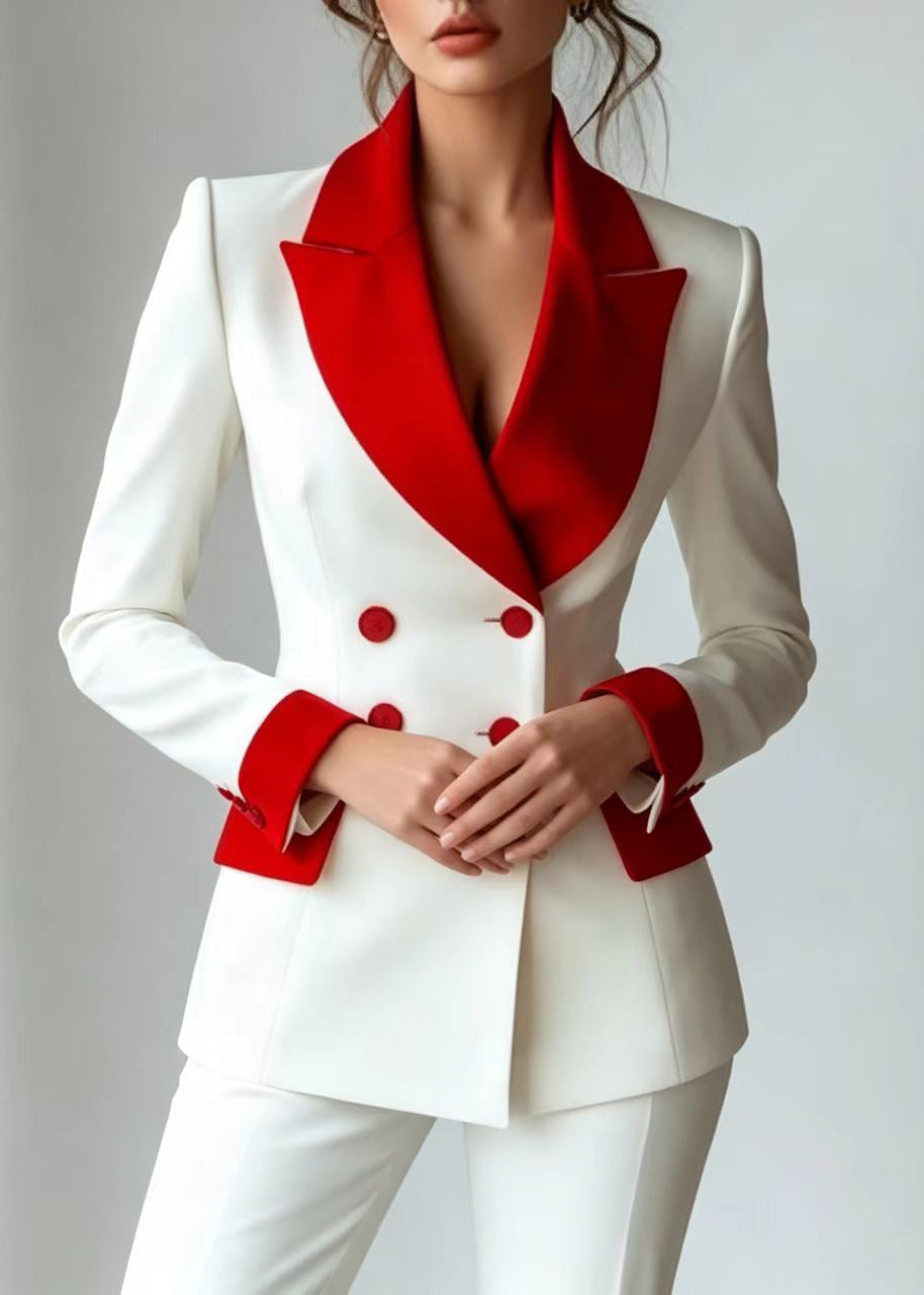 French White Red Colorblock Notched Double Breast Jacket Long Sleeve
