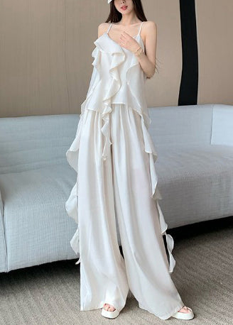 French White Ruffled Draping Chiffon 2 Piece Outfit Summer