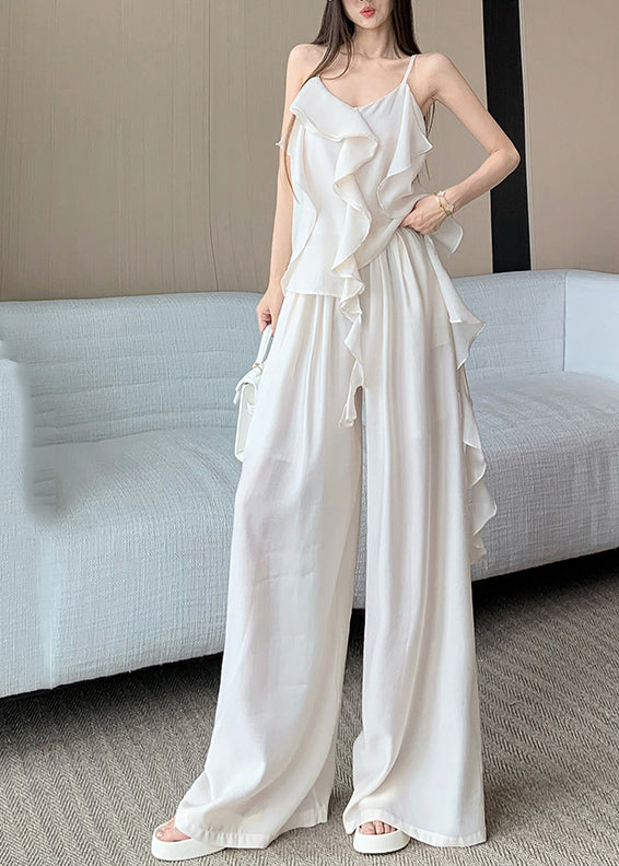 French White Ruffled Draping Chiffon 2 Piece Outfit Summer