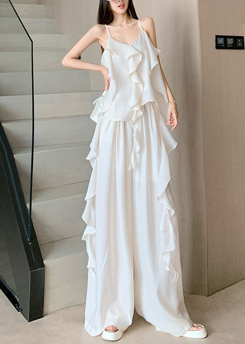 French White Ruffled Draping Chiffon 2 Piece Outfit Summer