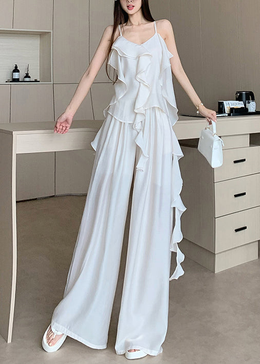 French White Ruffled Draping Chiffon 2 Piece Outfit Summer