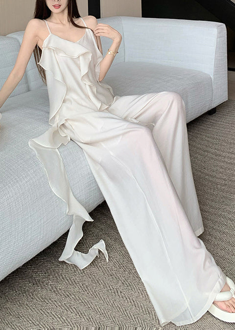 French White Ruffled Draping Chiffon 2 Piece Outfit Summer