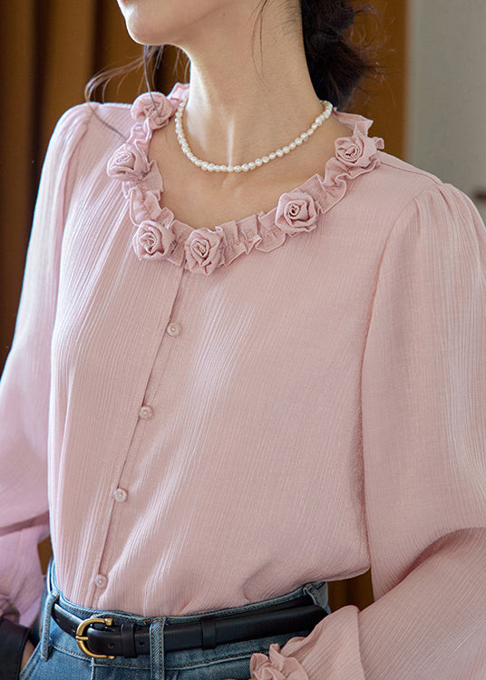 French White Ruffled Floral Cotton Shirts Spring